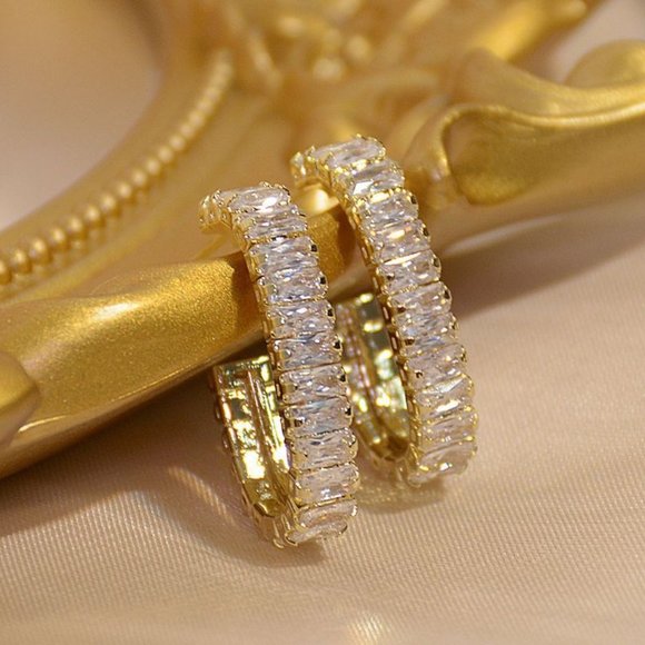 Jewelry - NEW 14K Gold Plated Baguette Diamond Hoop Earrings